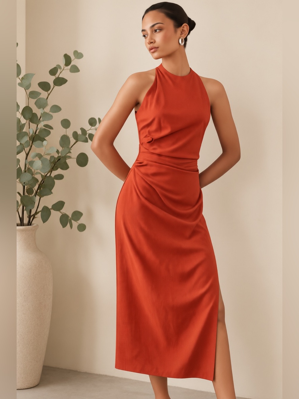 MANGO Sleeveless Halter Women Midi Dress in Rust 🍁✨